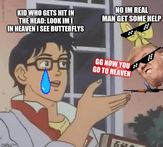 life | NO IM REAL MAN GET SOME HELP; KID WHO GETS HIT IN THE HEAD: LOOK IM I IN HEAVEN I SEE BUTTERFLYS; GG NOW YOU GO TO HEAVEN | image tagged in memes,is this a pigeon | made w/ Imgflip meme maker