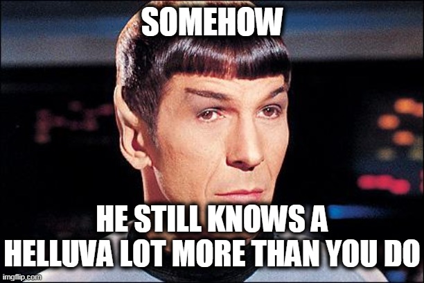 Condescending Spock | SOMEHOW HE STILL KNOWS A HELLUVA LOT MORE THAN YOU DO | image tagged in condescending spock | made w/ Imgflip meme maker