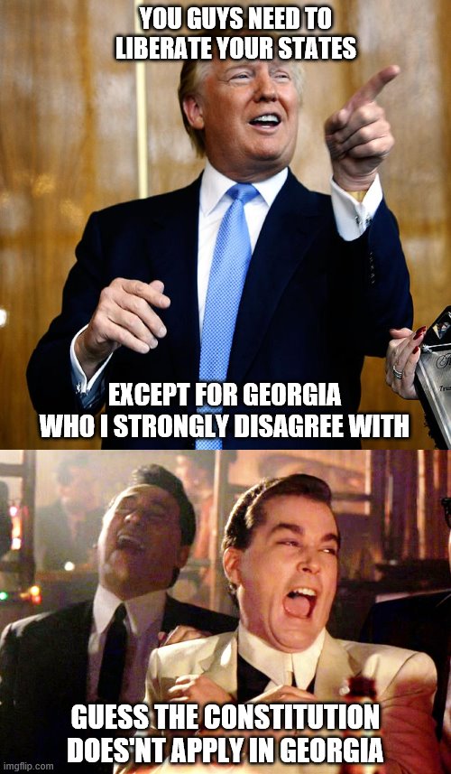 YOU GUYS NEED TO LIBERATE YOUR STATES; EXCEPT FOR GEORGIA WHO I STRONGLY DISAGREE WITH; GUESS THE CONSTITUTION DOES'NT APPLY IN GEORGIA | image tagged in donal trump birthday,memes,good fellas hilarious | made w/ Imgflip meme maker