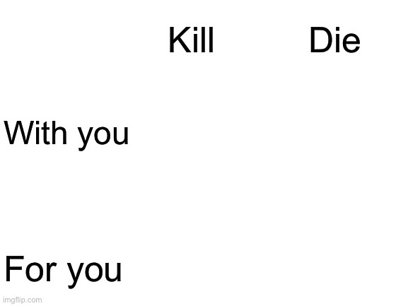 Template | Kill; Die; With you; For you | image tagged in blank white template,kill with you,kill for you,die with you,die for you | made w/ Imgflip meme maker