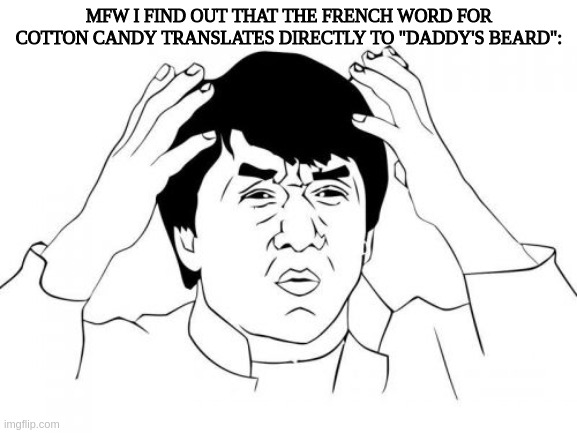 What the flub, France?! | MFW I FIND OUT THAT THE FRENCH WORD FOR COTTON CANDY TRANSLATES DIRECTLY TO "DADDY'S BEARD": | image tagged in memes,jackie chan wtf,wtf,france,french,weird | made w/ Imgflip meme maker
