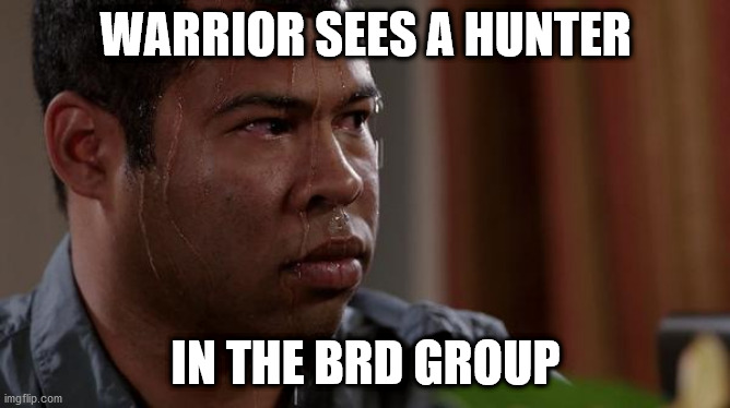 sweating bullets | WARRIOR SEES A HUNTER; IN THE BRD GROUP | image tagged in sweating bullets | made w/ Imgflip meme maker