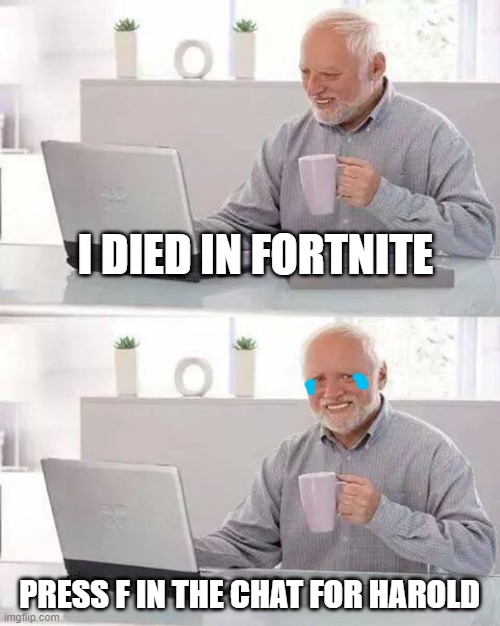 press f to pay respects | I DIED IN FORTNITE; PRESS F IN THE CHAT FOR HAROLD | image tagged in memes,hide the pain harold | made w/ Imgflip meme maker