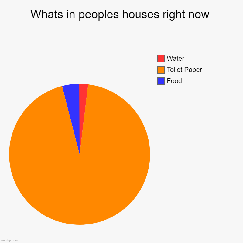 Whats in peoples houses right now | Food, Toilet Paper, Water | image tagged in charts,pie charts | made w/ Imgflip chart maker