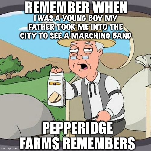 Pepperidge Farm Remembers | REMEMBER WHEN; I WAS A YOUNG BOY MY FATHER TOOK ME INTO THE CITY TO SEE A MARCHING BAND; PEPPERIDGE FARMS REMEMBERS | image tagged in memes,pepperidge farm remembers | made w/ Imgflip meme maker
