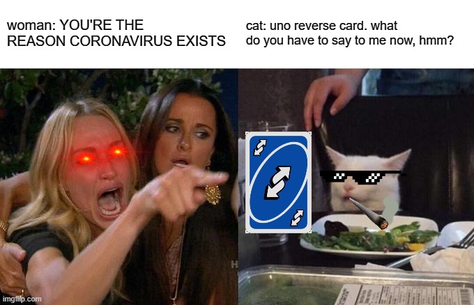 card reverse uno | woman: YOU'RE THE REASON CORONAVIRUS EXISTS; cat: uno reverse card. what do you have to say to me now, hmm? | image tagged in memes,woman yelling at cat | made w/ Imgflip meme maker