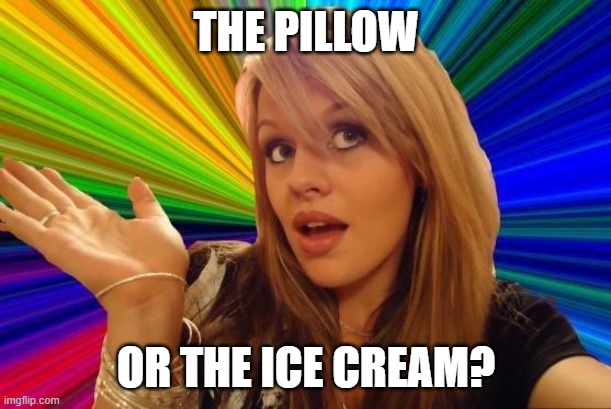 Dumb Blonde Meme | THE PILLOW OR THE ICE CREAM? | image tagged in memes,dumb blonde | made w/ Imgflip meme maker