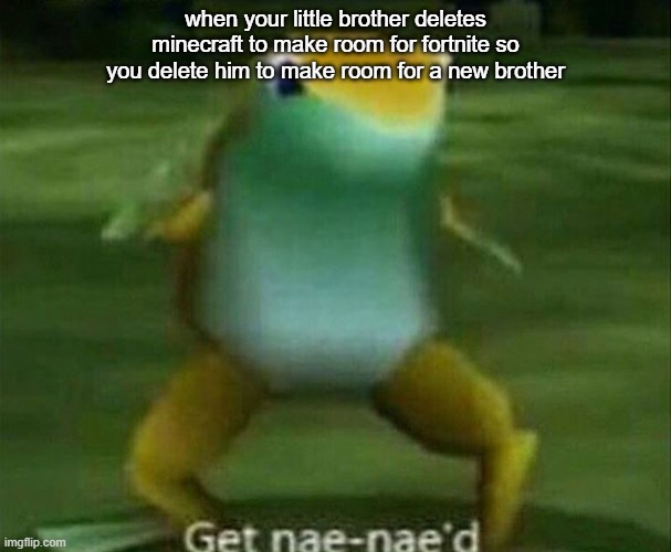 gamers | when your little brother deletes minecraft to make room for fortnite so you delete him to make room for a new brother | image tagged in get nae-nae'd | made w/ Imgflip meme maker