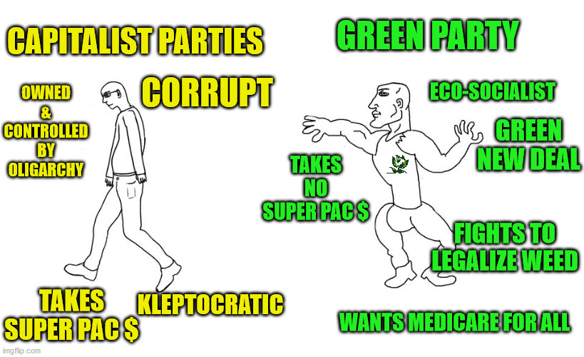 Virgin vs Chad | CAPITALIST PARTIES; GREEN PARTY; OWNED & CONTROLLED BY OLIGARCHY; CORRUPT; ECO-SOCIALIST; GREEN NEW DEAL; TAKES NO SUPER PAC $; FIGHTS TO LEGALIZE WEED; TAKES SUPER PAC $; KLEPTOCRATIC; WANTS MEDICARE FOR ALL | image tagged in virgin vs chad | made w/ Imgflip meme maker
