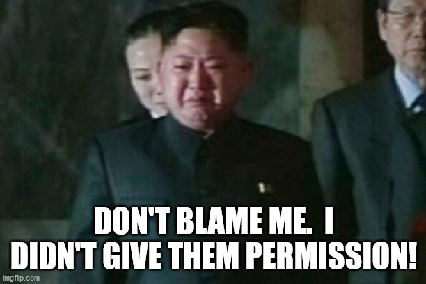 Kim Jong Un Sad Meme | DON'T BLAME ME.  I DIDN'T GIVE THEM PERMISSION! | image tagged in memes,kim jong un sad | made w/ Imgflip meme maker