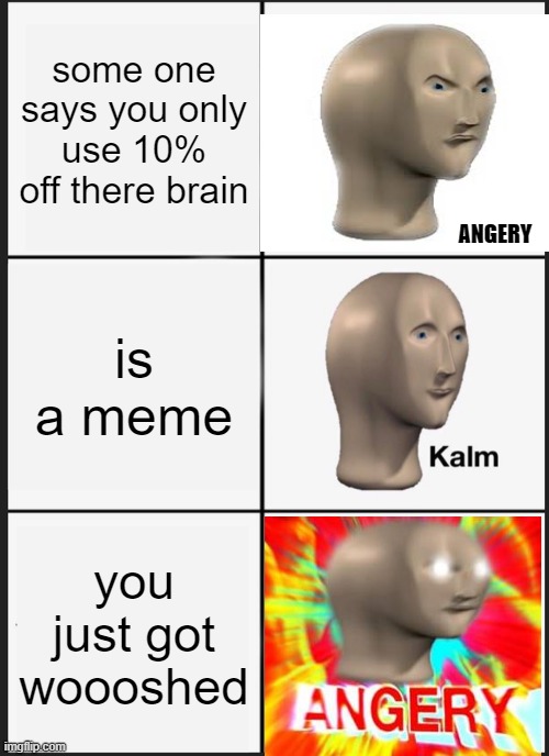 angery | some one says you only use 10% off there brain; ANGERY; is a meme; you just got woooshed | image tagged in memes | made w/ Imgflip meme maker