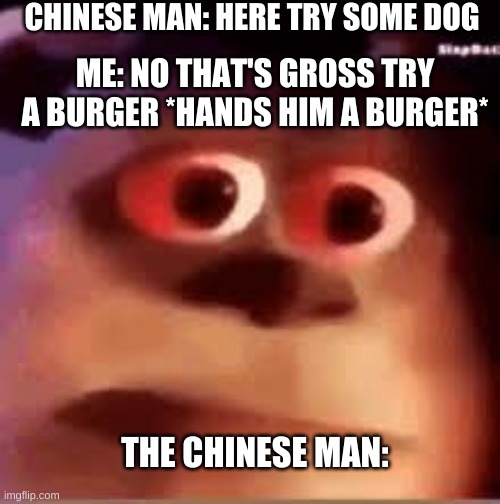 scared sully | CHINESE MAN: HERE TRY SOME DOG; ME: NO THAT'S GROSS TRY A BURGER *HANDS HIM A BURGER*; THE CHINESE MAN: | image tagged in sully groan,monsters inc | made w/ Imgflip meme maker