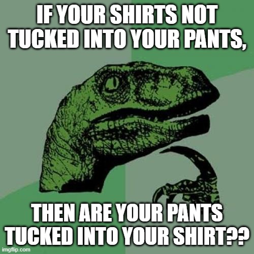 Philosoraptor Meme | IF YOUR SHIRTS NOT TUCKED INTO YOUR PANTS, THEN ARE YOUR PANTS TUCKED INTO YOUR SHIRT?? | image tagged in memes,philosoraptor | made w/ Imgflip meme maker