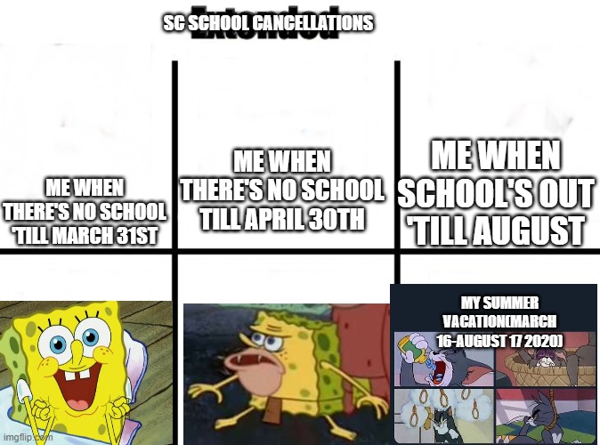 Why does he make it longer and longer? | SC SCHOOL CANCELLATIONS; ME WHEN THERE'S NO SCHOOL 'TILL MARCH 31ST; ME WHEN THERE'S NO SCHOOL TILL APRIL 30TH; ME WHEN SCHOOL'S OUT 'TILL AUGUST; MY SUMMER VACATION(MARCH 16-AUGUST 17 2020) | image tagged in blank starter pack extended,south carolina,school,cancelled,covid-19,coronavirus | made w/ Imgflip meme maker