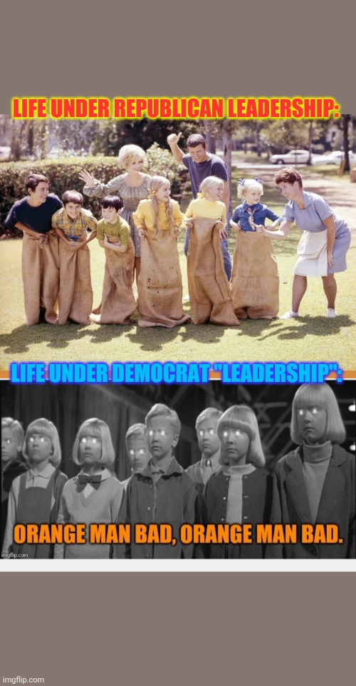 Any Questions? | LIFE UNDER REPUBLICAN LEADERSHIP:; LIFE UNDER DEMOCRAT "LEADERSHIP": | image tagged in liberal vs conservative,democrat party,losers | made w/ Imgflip meme maker