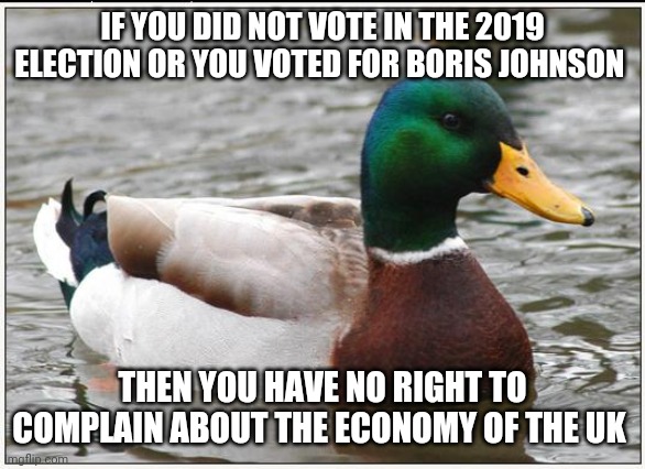 Sorry not sorry | IF YOU DID NOT VOTE IN THE 2019 ELECTION OR YOU VOTED FOR BORIS JOHNSON; THEN YOU HAVE NO RIGHT TO COMPLAIN ABOUT THE ECONOMY OF THE UK | image tagged in memes,actual advice mallard,left wing | made w/ Imgflip meme maker