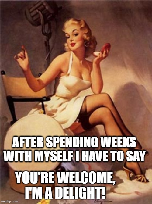 I'm a delight | AFTER SPENDING WEEKS WITH MYSELF I HAVE TO SAY; YOU'RE WELCOME, I'M A DELIGHT! | image tagged in pinup bathroom | made w/ Imgflip meme maker