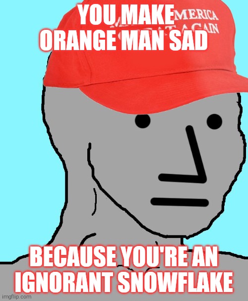 MAGA NPC | YOU MAKE ORANGE MAN SAD BECAUSE YOU'RE AN  IGNORANT SNOWFLAKE | image tagged in maga npc | made w/ Imgflip meme maker