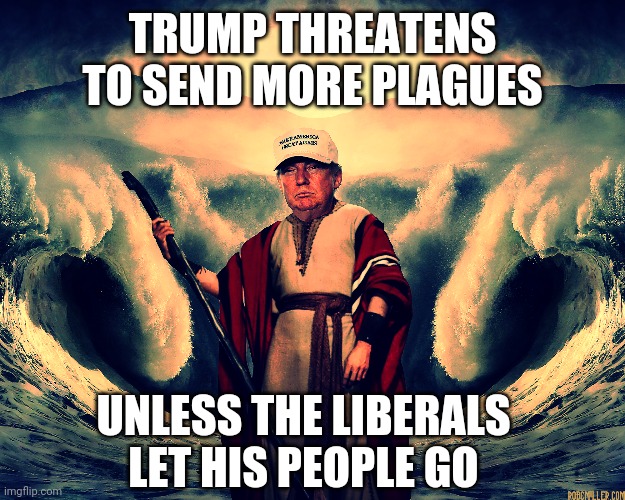 TRUMP THREATENS TO SEND MORE PLAGUES; UNLESS THE LIBERALS LET HIS PEOPLE GO | image tagged in ten commandments,let my people go,donald trump,moses,charlton heston | made w/ Imgflip meme maker