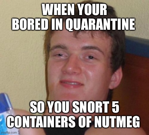 10 Guy Meme | WHEN YOUR BORED IN QUARANTINE; SO YOU SNORT 5 CONTAINERS OF NUTMEG | image tagged in memes,10 guy | made w/ Imgflip meme maker