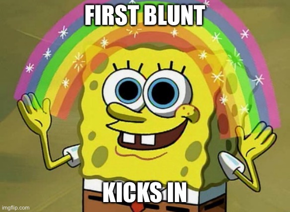 Imagination Spongebob | FIRST BLUNT; KICKS IN | image tagged in memes,imagination spongebob | made w/ Imgflip meme maker