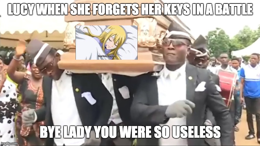 Coffin Dance | LUCY WHEN SHE FORGETS HER KEYS IN A BATTLE; BYE LADY YOU WERE SO USELESS | image tagged in coffin dance | made w/ Imgflip meme maker