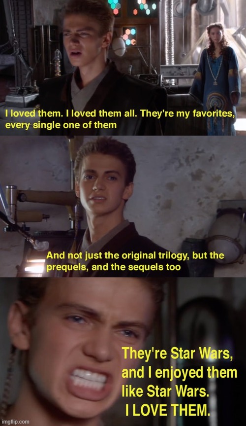 Anikan LOVING STAR WARS | image tagged in funny,star wars,overly sensitive | made w/ Imgflip meme maker