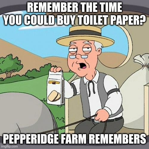 covid | REMEMBER THE TIME YOU COULD BUY TOILET PAPER? PEPPERIDGE FARM REMEMBERS | image tagged in memes,pepperidge farm remembers | made w/ Imgflip meme maker