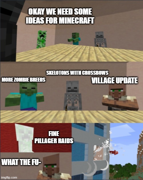 Minecraft boardroom meeting | OKAY WE NEED SOME IDEAS FOR MINECRAFT; SKELOTONS WITH CROSSBOWS; MORE ZOMBIE BREEDS; VILLAGE UPDATE; FINE PILLAGER RAIDS; WHAT THE FU- | image tagged in minecraft boardroom meeting | made w/ Imgflip meme maker