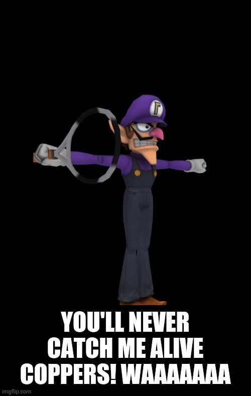 T Pose Waluigi | YOU'LL NEVER CATCH ME ALIVE COPPERS! WAAAAAAA | image tagged in t pose waluigi | made w/ Imgflip meme maker