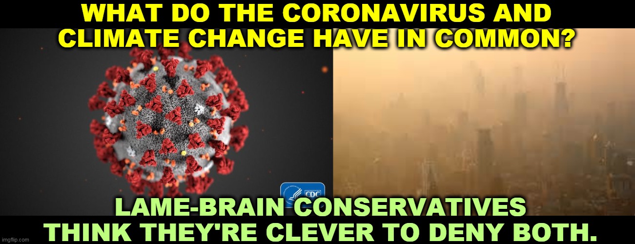 Which is more important, the coronvirus or global warming? Both. | WHAT DO THE CORONAVIRUS AND CLIMATE CHANGE HAVE IN COMMON? LAME-BRAIN CONSERVATIVES THINK THEY'RE CLEVER TO DENY BOTH. | image tagged in smog,covid 19,coronavirus,covid-19,climate change,global warming | made w/ Imgflip meme maker