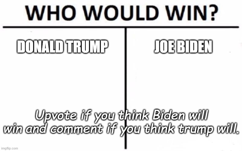 Who will it be? He will impact America greatly | DONALD TRUMP; JOE BIDEN; Upvote if you think Biden will win and comment if you think trump will. | image tagged in memes,who would win | made w/ Imgflip meme maker