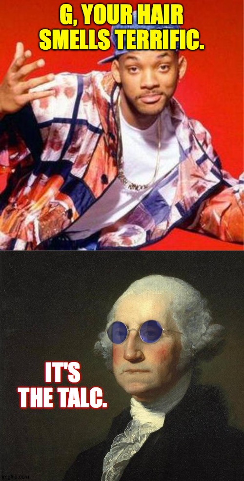 G, YOUR HAIR SMELLS TERRIFIC. IT'S THE TALC. | image tagged in will smith fresh prince,george washington sunglasses | made w/ Imgflip meme maker