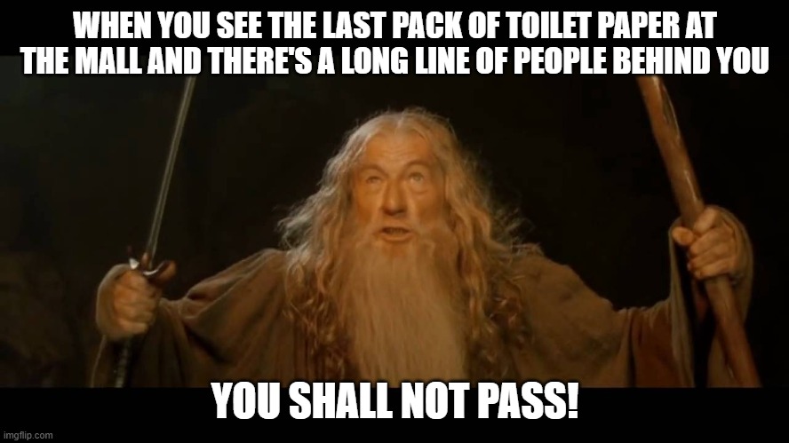 Gandalf - you shall not pass | WHEN YOU SEE THE LAST PACK OF TOILET PAPER AT THE MALL AND THERE'S A LONG LINE OF PEOPLE BEHIND YOU; YOU SHALL NOT PASS! | image tagged in gandalf - you shall not pass | made w/ Imgflip meme maker