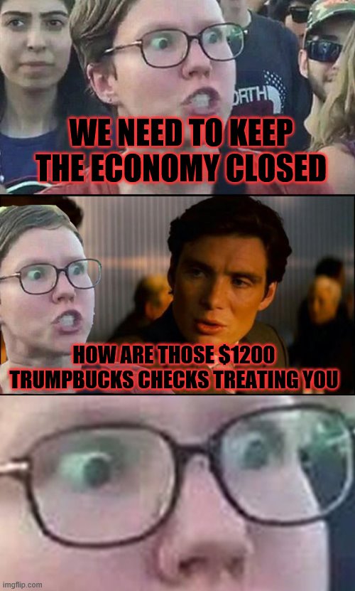 liberal broke moron communist | WE NEED TO KEEP THE ECONOMY CLOSED; HOW ARE THOSE $1200 TRUMPBUCKS CHECKS TREATING YOU | image tagged in inception liberal | made w/ Imgflip meme maker
