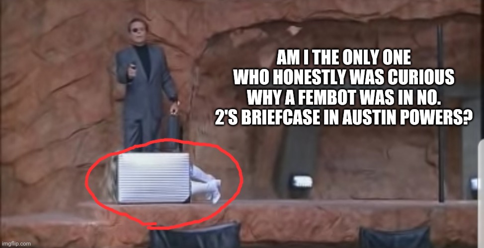 Seriously...am I the only one who wondered this? | AM I THE ONLY ONE WHO HONESTLY WAS CURIOUS WHY A FEMBOT WAS IN NO. 2'S BRIEFCASE IN AUSTIN POWERS? | image tagged in austin powers | made w/ Imgflip meme maker