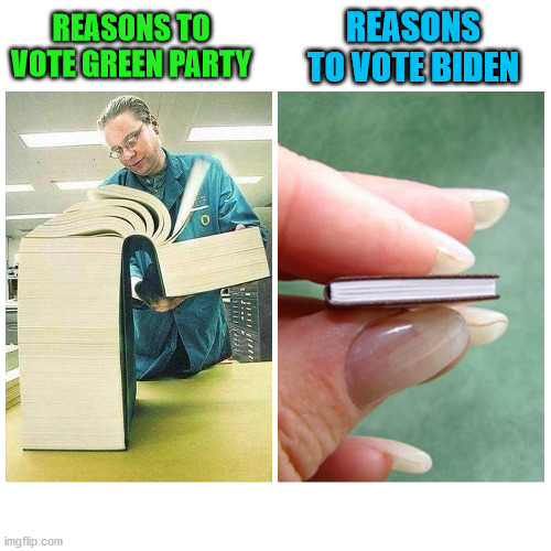 Big book vs Little Book | REASONS TO VOTE BIDEN; REASONS TO VOTE GREEN PARTY | image tagged in big book vs little book,joe biden,green party | made w/ Imgflip meme maker