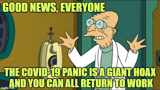 Like many bad TV plots, it was just a dream. | GOOD NEWS, EVERYONE; THE COVID-19 PANIC IS A GIANT HOAX
 AND YOU CAN ALL RETURN TO WORK | image tagged in futurama professor | made w/ Imgflip meme maker