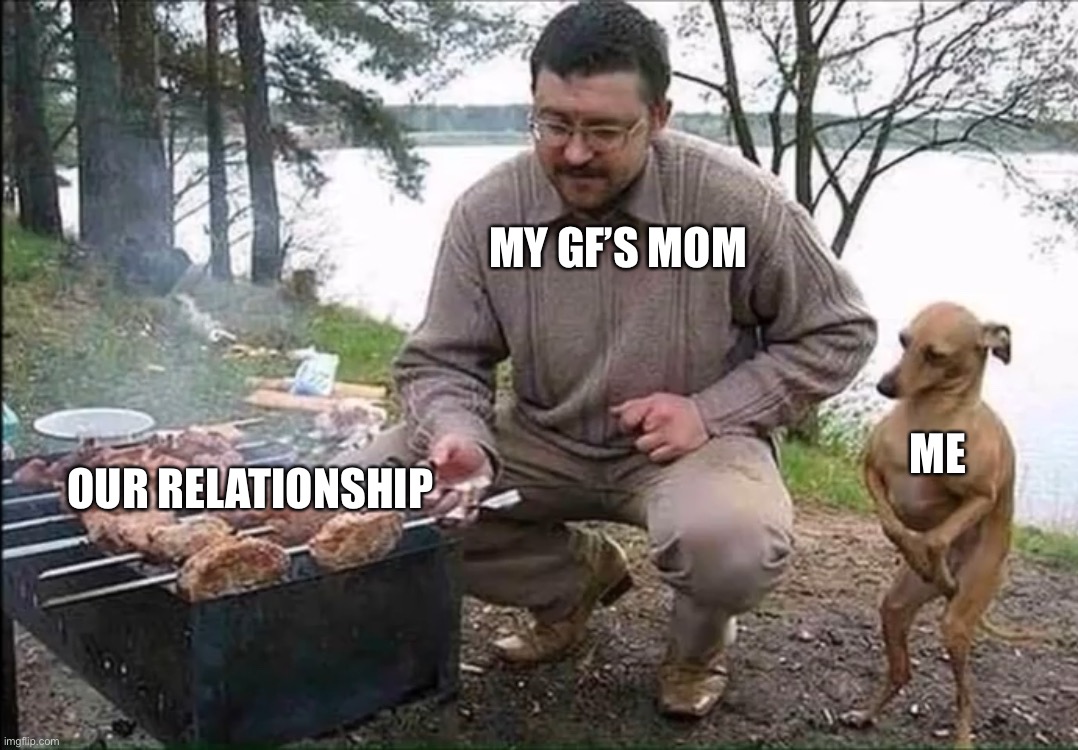 Poor relationship | MY GF’S MOM; ME; OUR RELATIONSHIP | image tagged in girlfriend,dog,barbecue | made w/ Imgflip meme maker