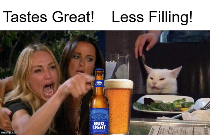 Age Old Argument | Tastes Great! Less Filling! | image tagged in memes,woman yelling at cat | made w/ Imgflip meme maker