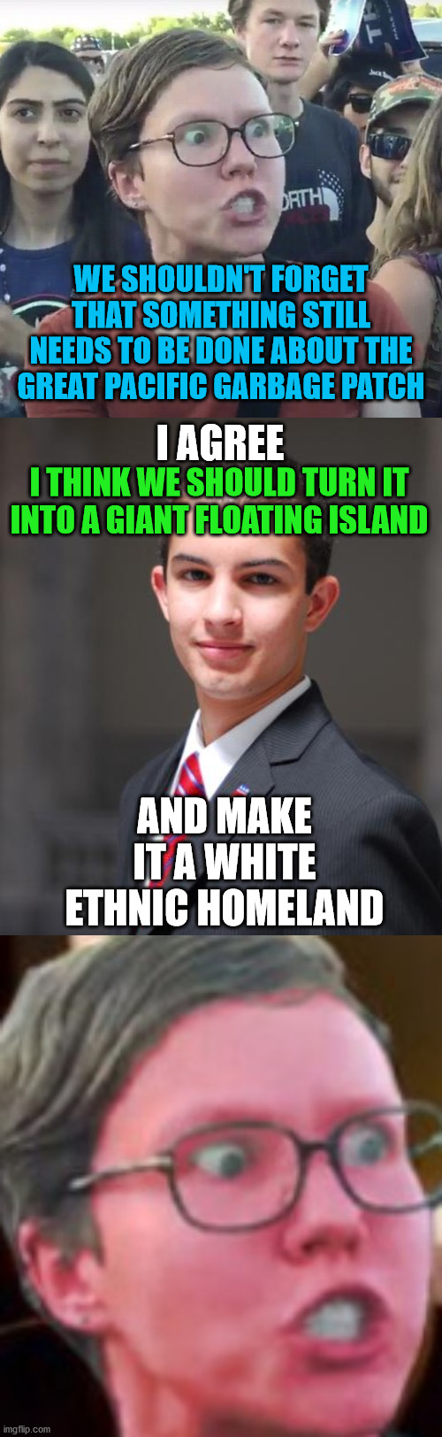 WE SHOULDN'T FORGET THAT SOMETHING STILL NEEDS TO BE DONE ABOUT THE GREAT PACIFIC GARBAGE PATCH; I AGREE; I THINK WE SHOULD TURN IT INTO A GIANT FLOATING ISLAND; AND MAKE IT A WHITE ETHNIC HOMELAND | image tagged in college conservative,triggered feminist,garbage,white,pacific,island | made w/ Imgflip meme maker