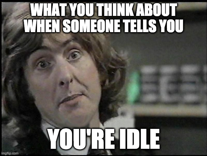 you're Idle | WHAT YOU THINK ABOUT WHEN SOMEONE TELLS YOU; YOU'RE IDLE | image tagged in eric idle,monty pythons,pun | made w/ Imgflip meme maker
