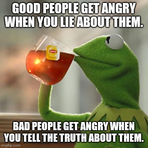 Truth hurts sometimes | GOOD PEOPLE GET ANGRY WHEN YOU LIE ABOUT THEM. BAD PEOPLE GET ANGRY WHEN YOU TELL THE TRUTH ABOUT THEM. | image tagged in memes,but that's none of my business,kermit the frog | made w/ Imgflip meme maker