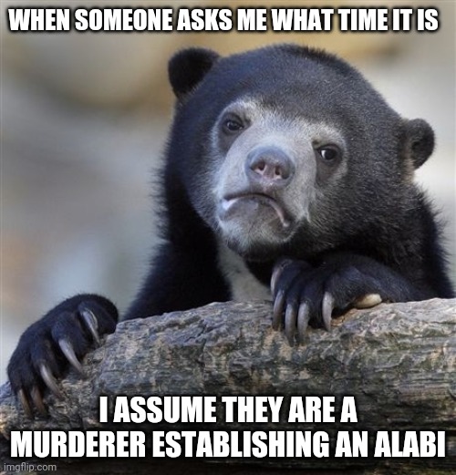 Confession bear | WHEN SOMEONE ASKS ME WHAT TIME IT IS; I ASSUME THEY ARE A MURDERER ESTABLISHING AN ALABI | image tagged in memes,confession bear | made w/ Imgflip meme maker