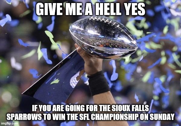 Fantasy Football Winner | GIVE ME A HELL YES; IF YOU ARE GOING FOR THE SIOUX FALLS SPARROWS TO WIN THE SFL CHAMPIONSHIP ON SUNDAY | image tagged in fantasy football winner | made w/ Imgflip meme maker