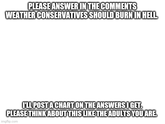 Please vote | PLEASE ANSWER IN THE COMMENTS WEATHER CONSERVATIVES SHOULD BURN IN HELL. I'LL POST A CHART ON THE ANSWERS I GET. PLEASE THINK ABOUT THIS LIKE THE ADULTS YOU ARE. | image tagged in blank white template | made w/ Imgflip meme maker
