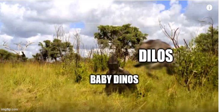 Cat pounces on chimp | DILOS; BABY DINOS | image tagged in cat pounces on chimp | made w/ Imgflip meme maker