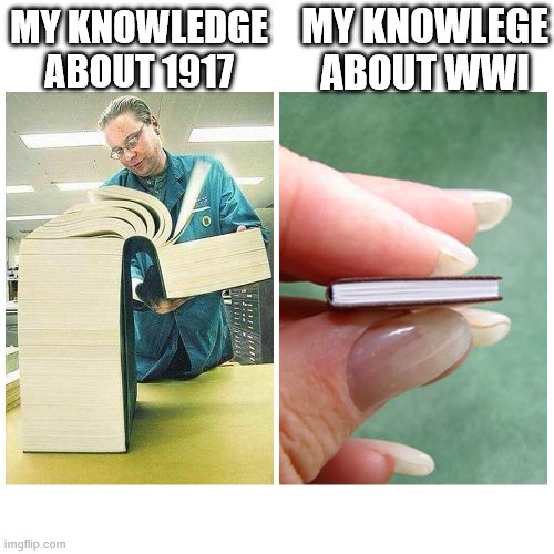 Fact vs Fiction | MY KNOWLEGE ABOUT WWI; MY KNOWLEDGE ABOUT 1917 | image tagged in big book vs little book | made w/ Imgflip meme maker