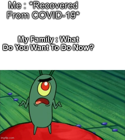 I Didn't Think I Would Get This Far ¯\_(ツ)_/¯ |  Me : *Recovered From COVID-19*; My Family : What Do You Want To Do Now? | image tagged in plankton didn't think he'd get this far,lol,coronavirus,covid-19 | made w/ Imgflip meme maker