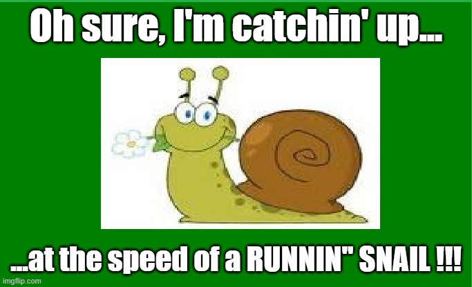 Runnin' Snail, | Oh sure, I'm catchin' up... ...at the speed of a RUNNIN" SNAIL !!! | image tagged in humor,work,life | made w/ Imgflip meme maker